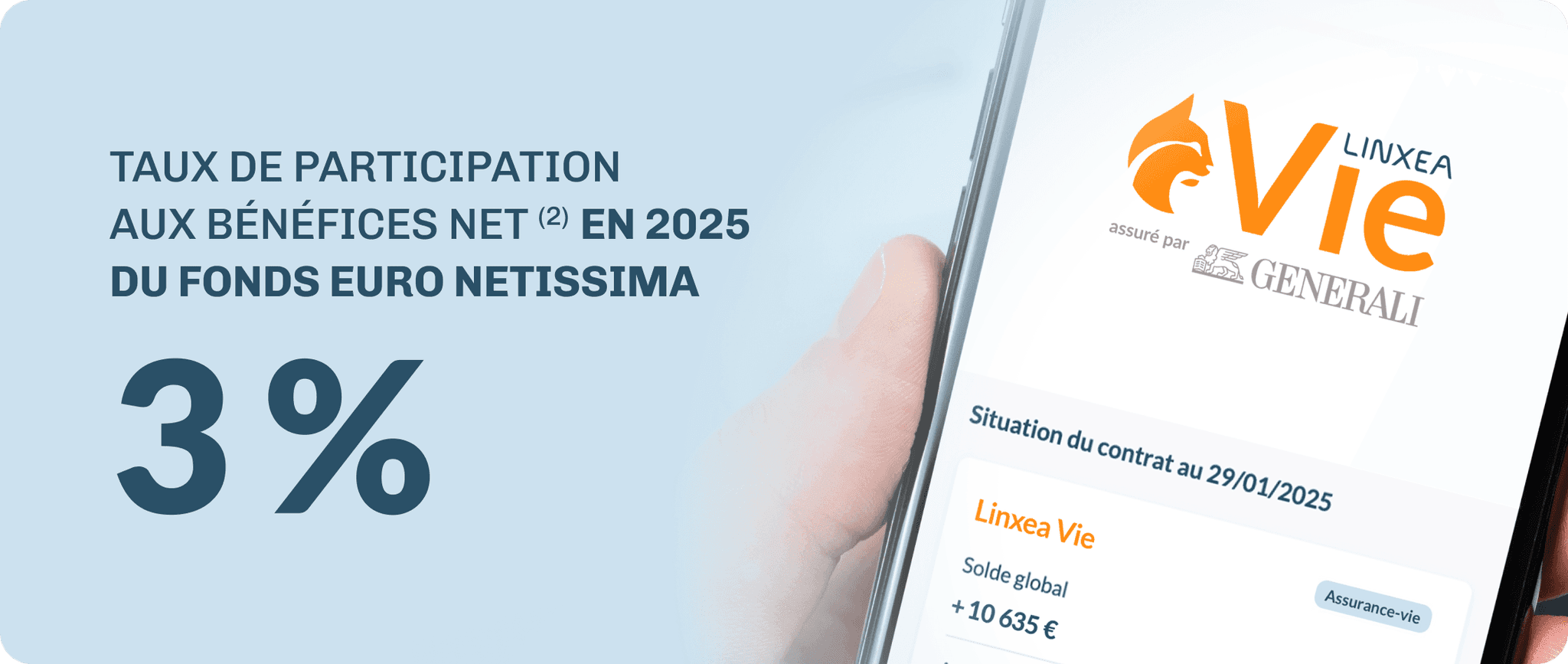 Linxea Vie, assuré par Generali : taux de participation aux bénéfices net de 3% en 2025 du fonds euro Netissima