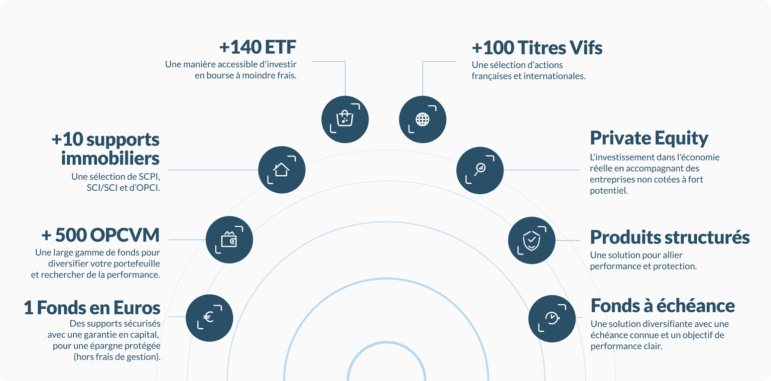 Liste des supports d'investissement disponibles : fonds en euros, OPCVM, immobilier, ETF, titres vifs, private equity, produits structurés et fonds à échéance